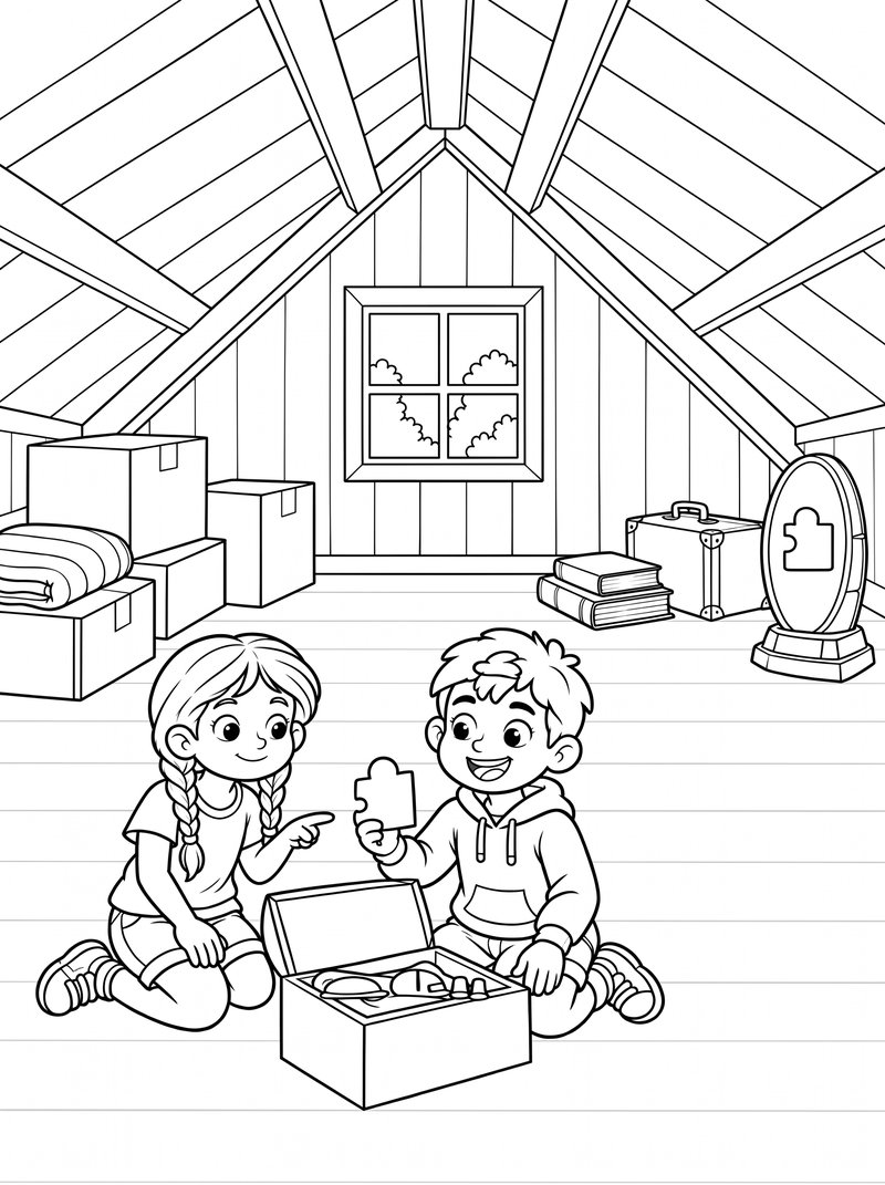 Free coloring page 1: two kids in an attic finding a puzzle piece in a box