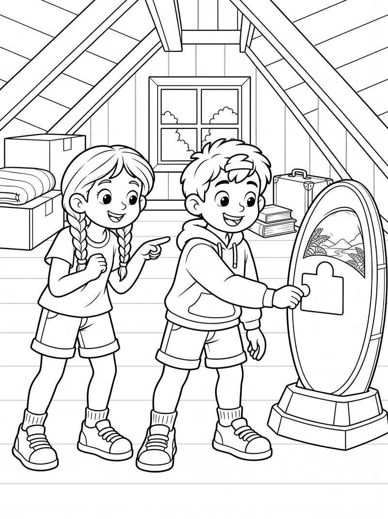 Free coloring page 2: the kids placing the puzzle piece into the time gate